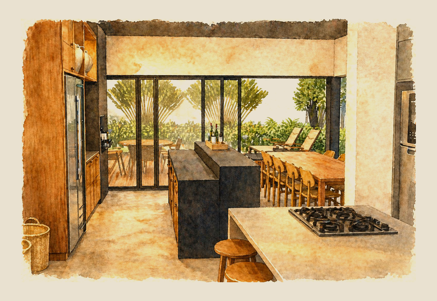 casa verano — cozinha aberta ao pomar